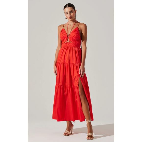 NEW ASTR the label Minka Maxi Dress Large Bright Orange Cut Out Formal Halter - Picture 1 of 16